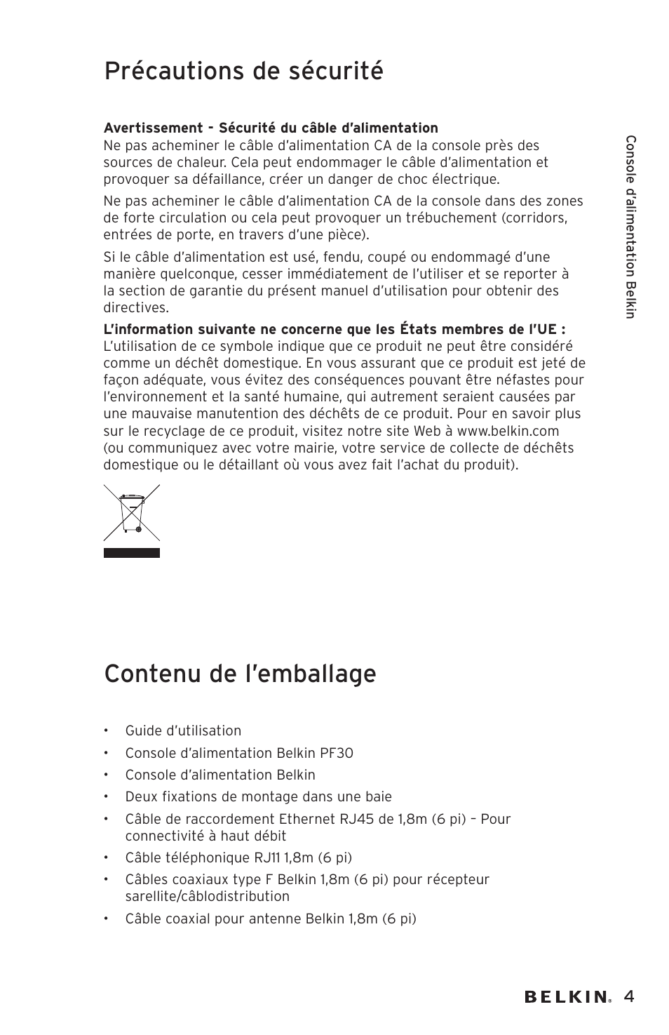 Précautions de sécurité, Contenu de l’emballage | Belkin AP20500EA3M User Manual | Page 25 / 120