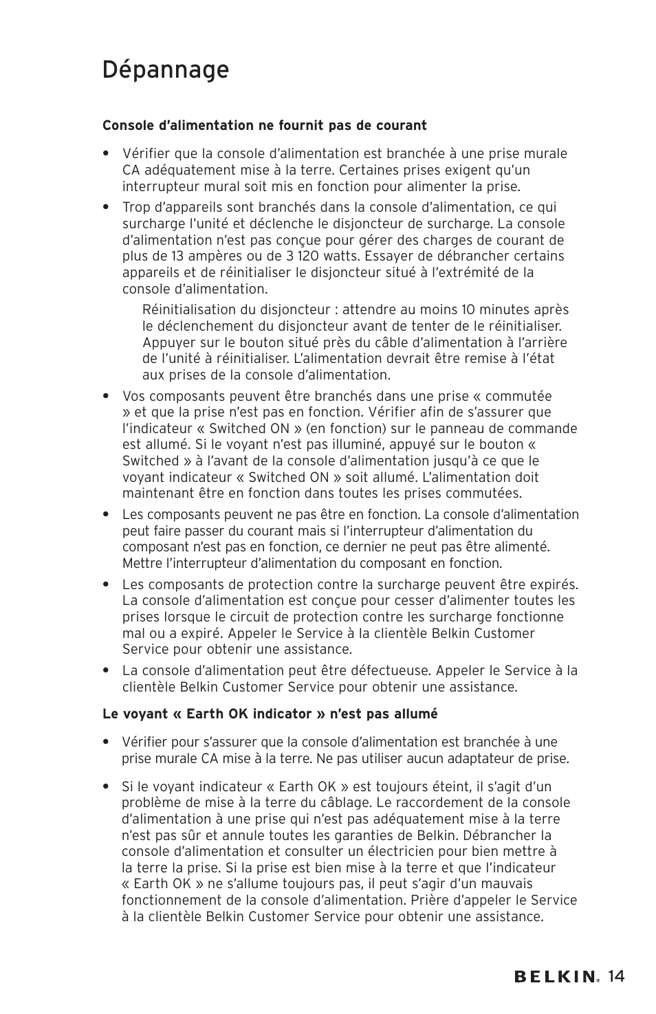 Dépannage | Belkin AP20500EA3M User Manual | Page 35 / 120
