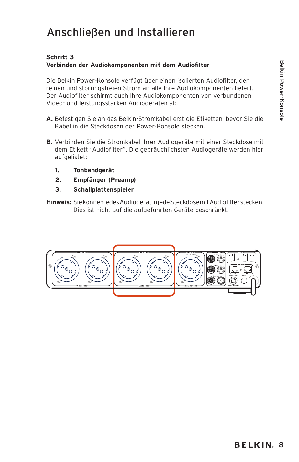 Anschließen und installieren | Belkin AP20500EA3M User Manual | Page 49 / 120