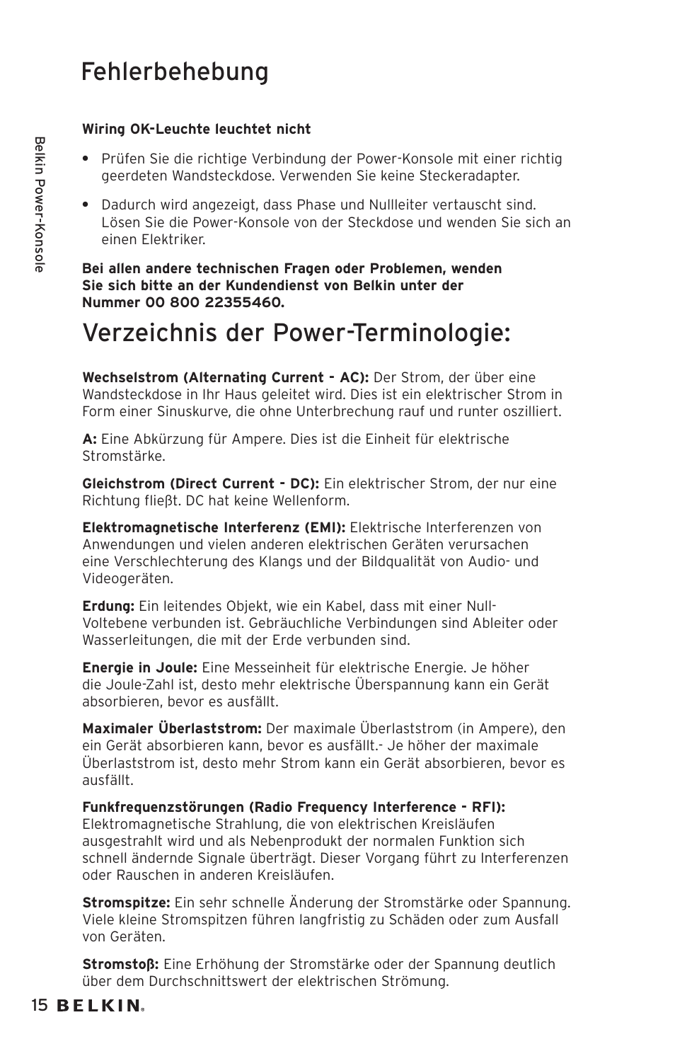 Fehlerbehebung, Verzeichnis der power-terminologie | Belkin AP20500EA3M User Manual | Page 56 / 120