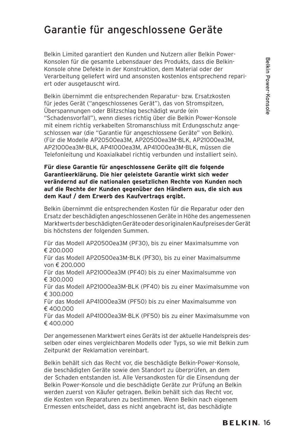 Garantie für angeschlossene geräte | Belkin AP20500EA3M User Manual | Page 57 / 120