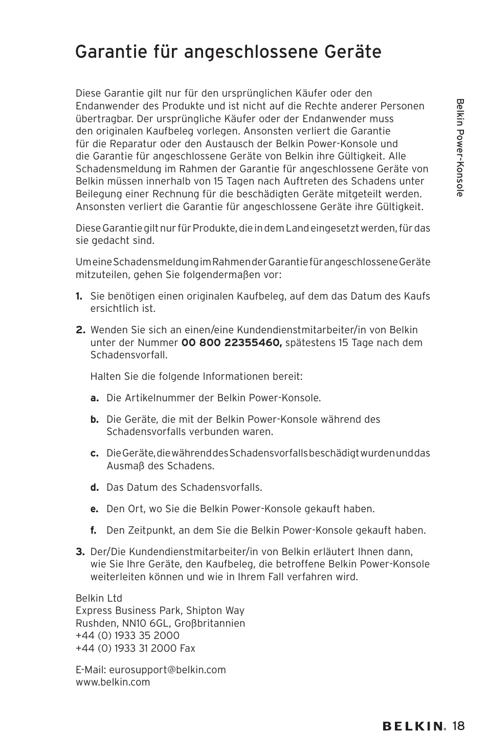 Garantie für angeschlossene geräte | Belkin AP20500EA3M User Manual | Page 59 / 120