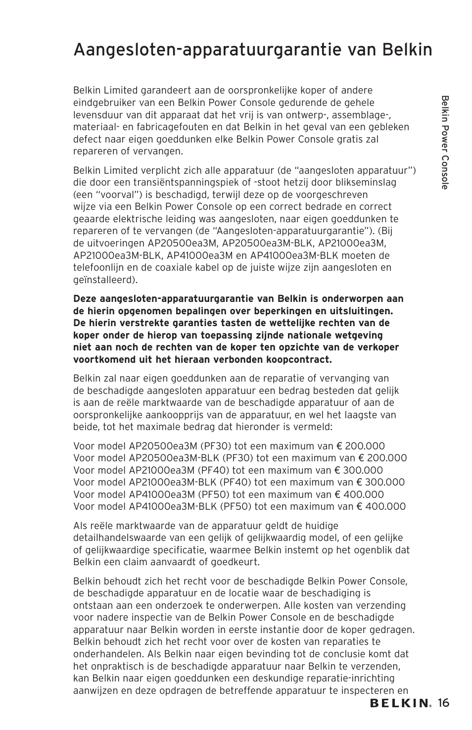 Aangesloten-apparatuurgarantie van belkin | Belkin AP20500EA3M User Manual | Page 77 / 120