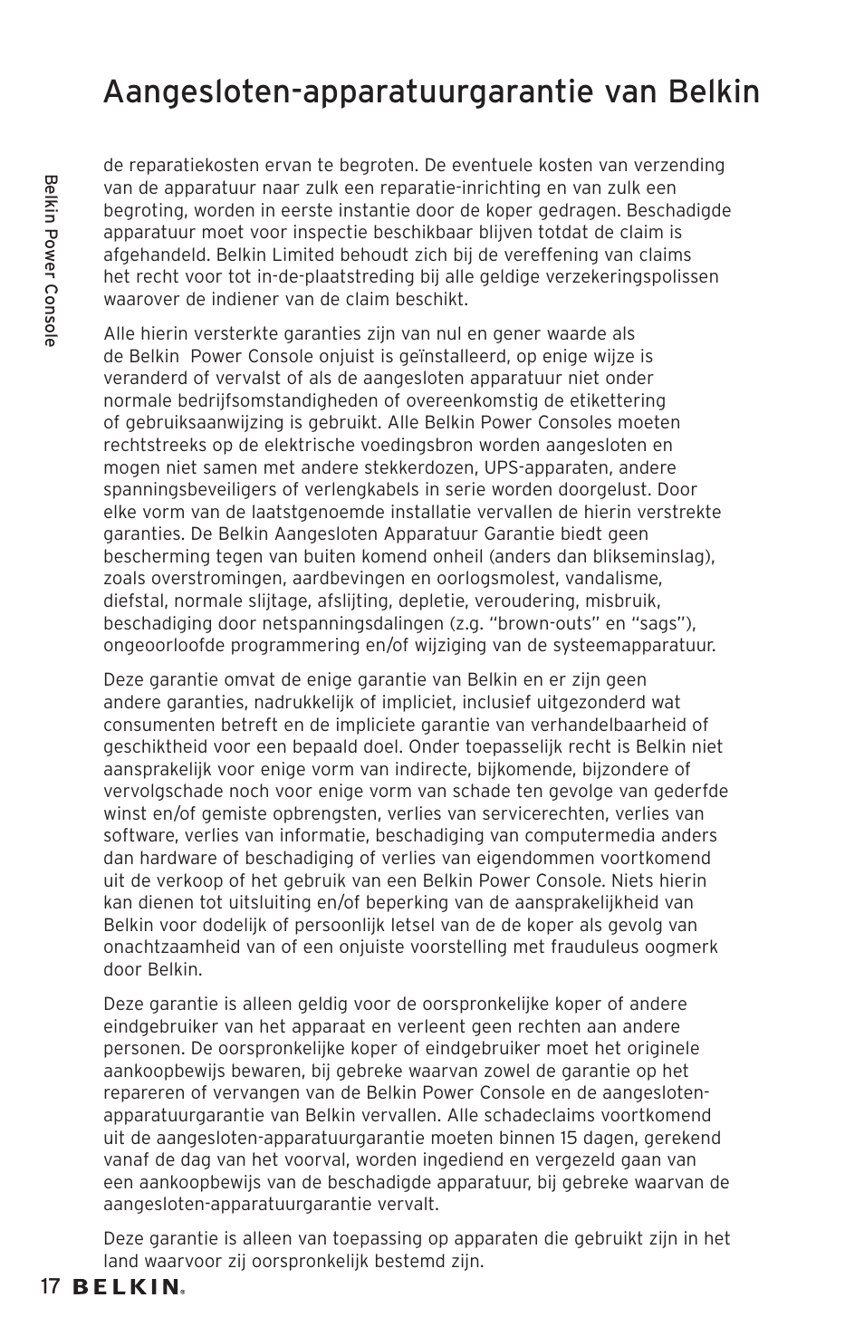 Aangesloten-apparatuurgarantie van belkin | Belkin AP20500EA3M User Manual | Page 78 / 120
