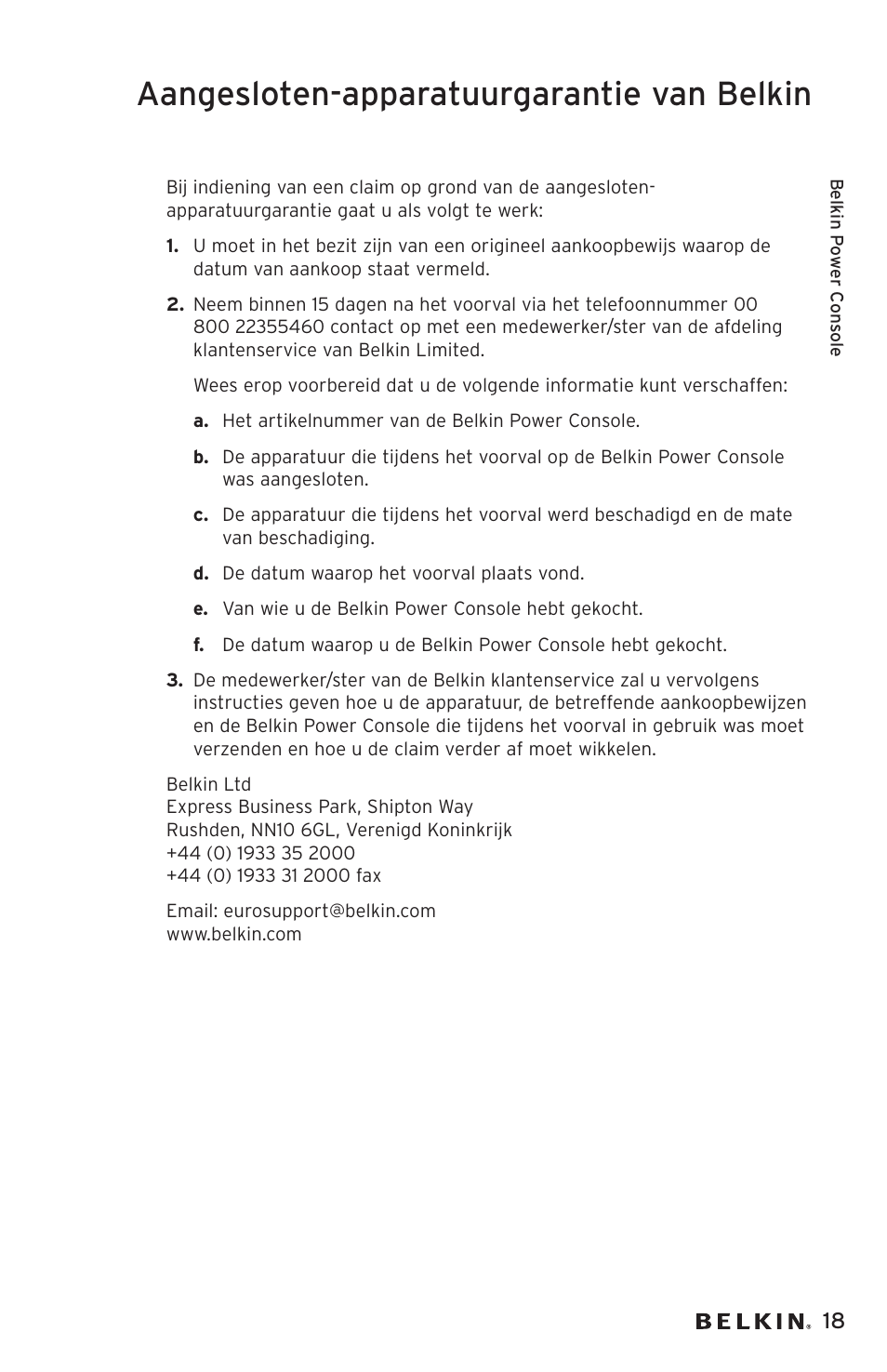 Aangesloten-apparatuurgarantie van belkin | Belkin AP20500EA3M User Manual | Page 79 / 120