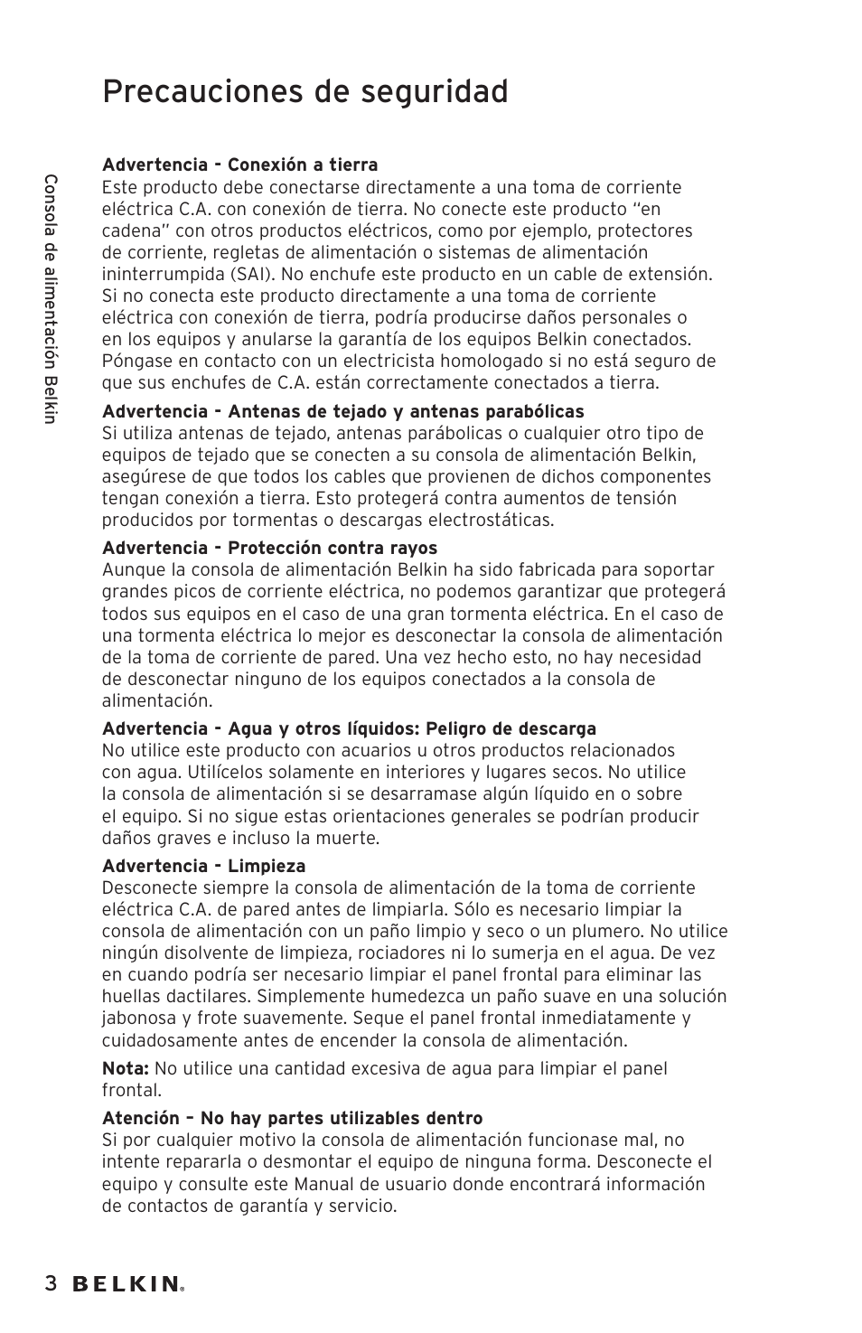 Precauciones de seguridad | Belkin AP20500EA3M User Manual | Page 84 / 120
