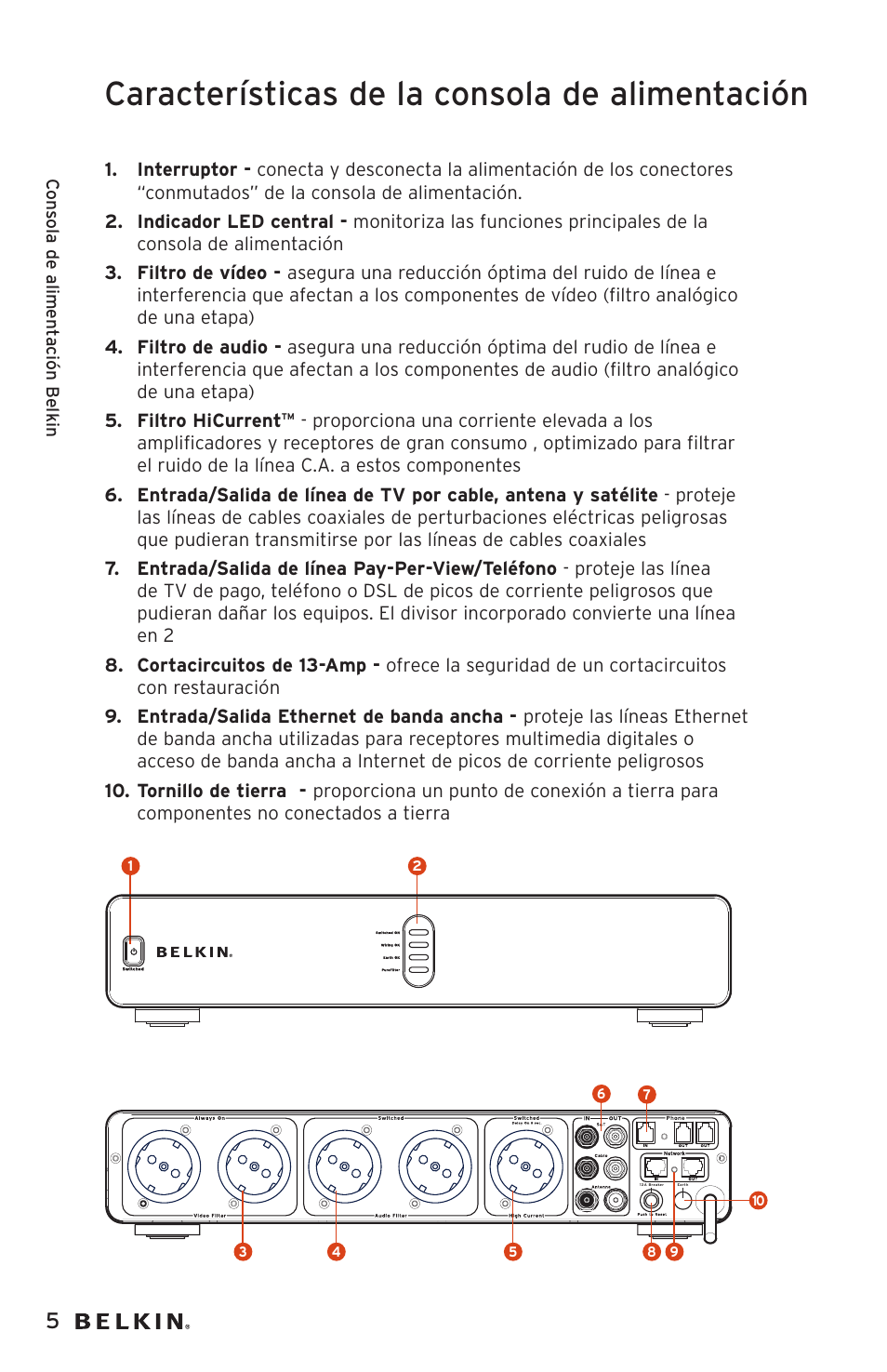 Características de la consola de alimentación | Belkin AP20500EA3M User Manual | Page 86 / 120