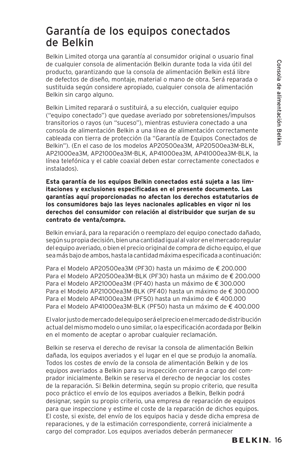 Garantía de los equipos conectados de belkin | Belkin AP20500EA3M User Manual | Page 97 / 120