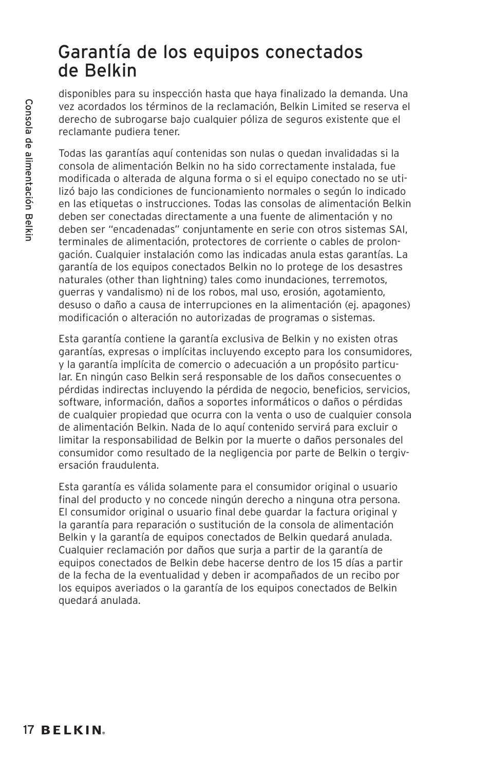 Garantía de los equipos conectados de belkin | Belkin AP20500EA3M User Manual | Page 98 / 120
