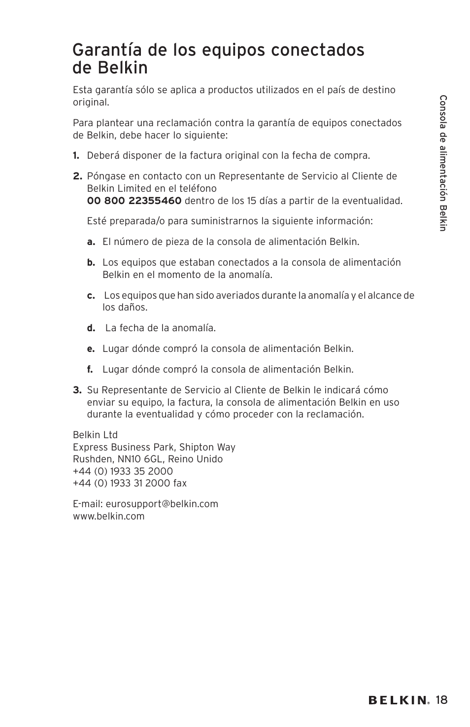 Garantía de los equipos conectados de belkin | Belkin AP20500EA3M User Manual | Page 99 / 120
