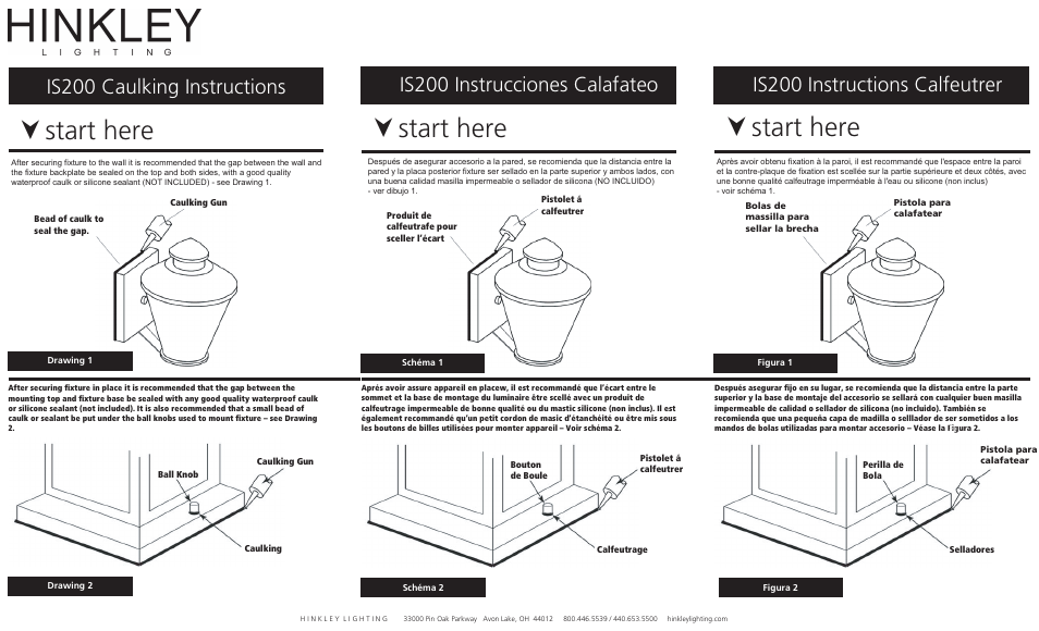 Start here, Is200 caulking instructions, Is200 instrucciones calafateo | Is200 instructions calfeutrer | Hinkley Lighting STANTON 2474 User Manual | Page 4 / 4