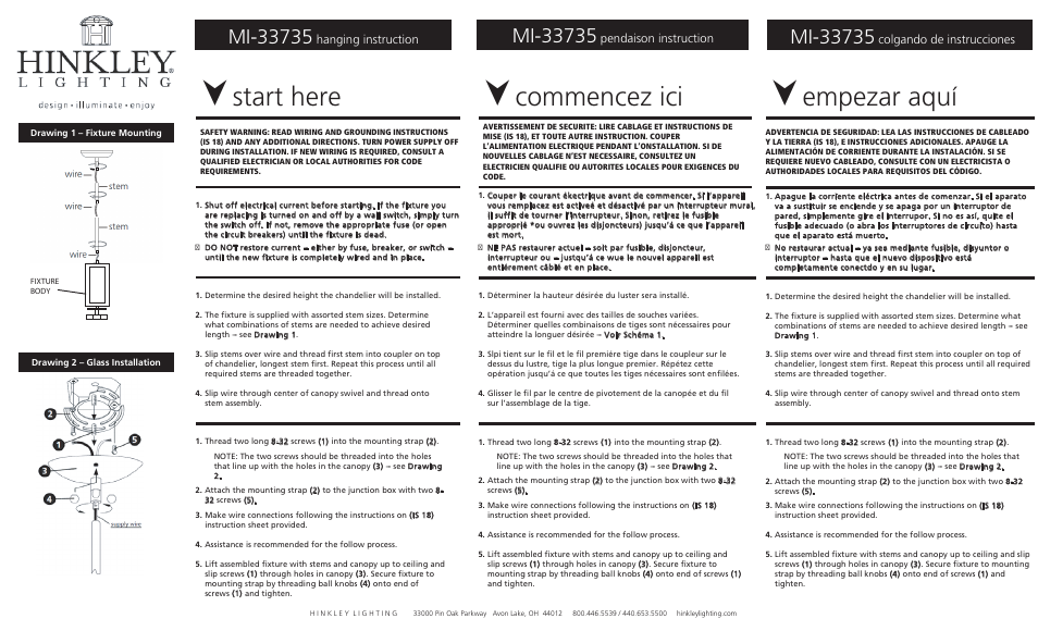 Start here, Commencez ici, Empezar aquí | Hinkley Lighting GEMMA FR33735VBZ User Manual | Page 2 / 3
