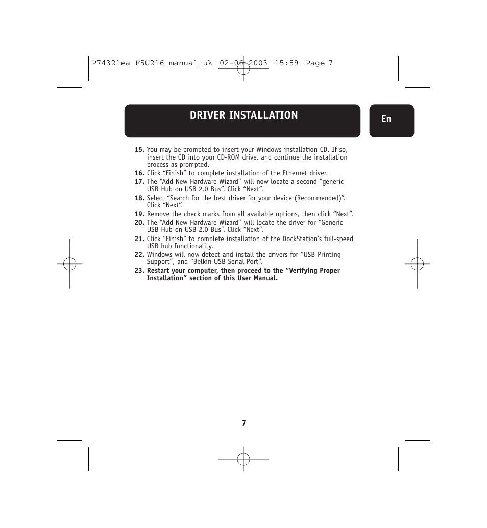 Driver installation | Belkin DockStation F5U216 User Manual | Page 11 / 22