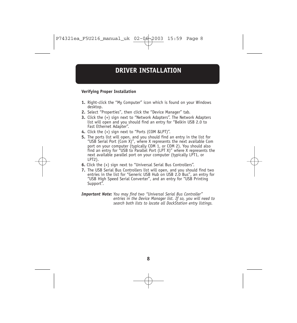 Driver installation | Belkin DockStation F5U216 User Manual | Page 12 / 22