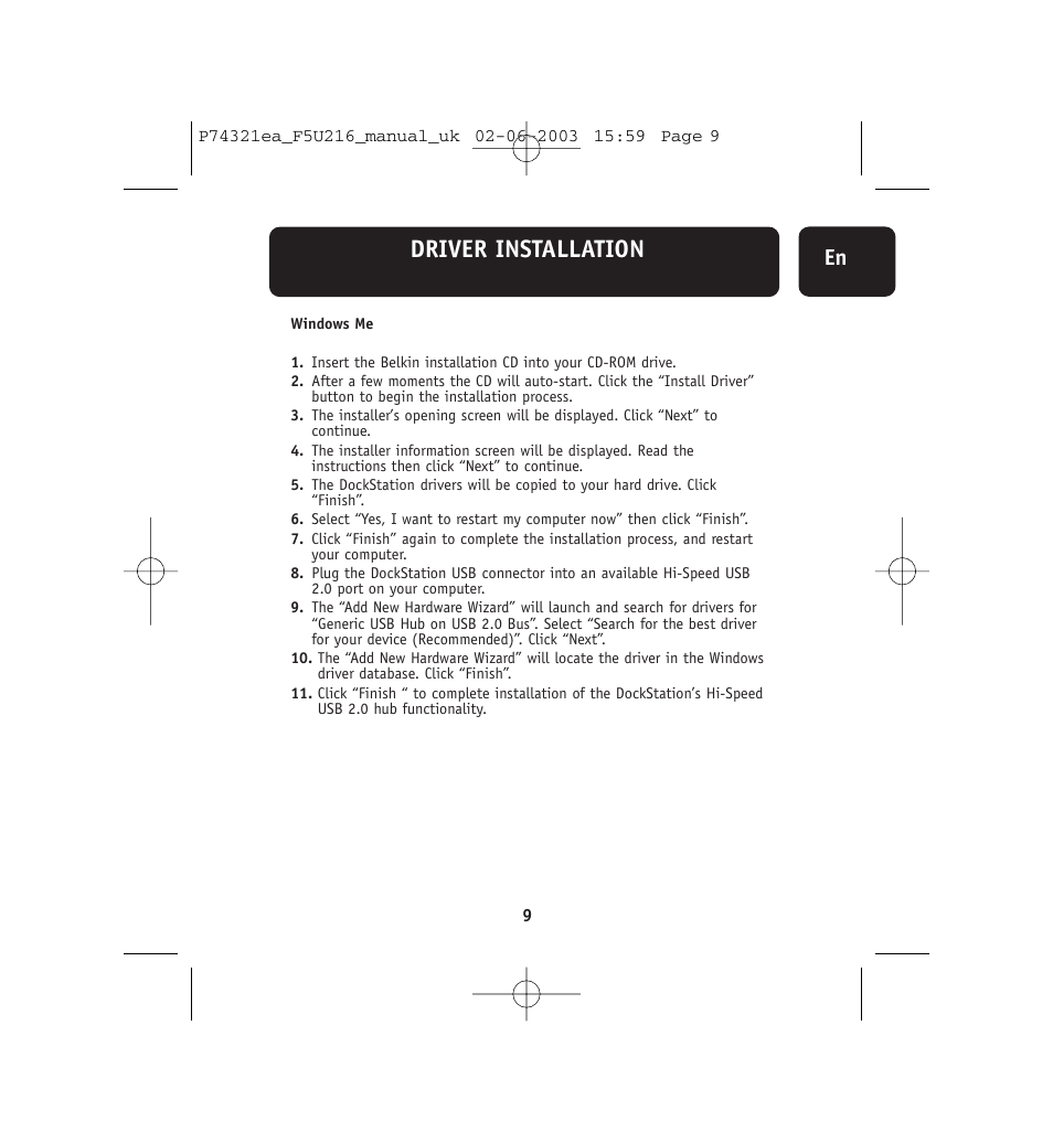 Driver installation | Belkin DockStation F5U216 User Manual | Page 13 / 22