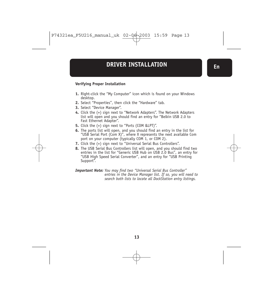 Driver installation | Belkin DockStation F5U216 User Manual | Page 17 / 22