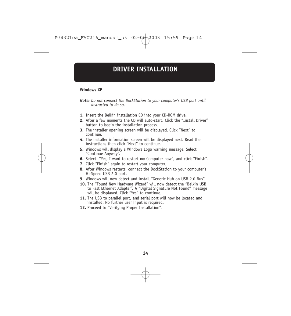 Driver installation | Belkin DockStation F5U216 User Manual | Page 18 / 22