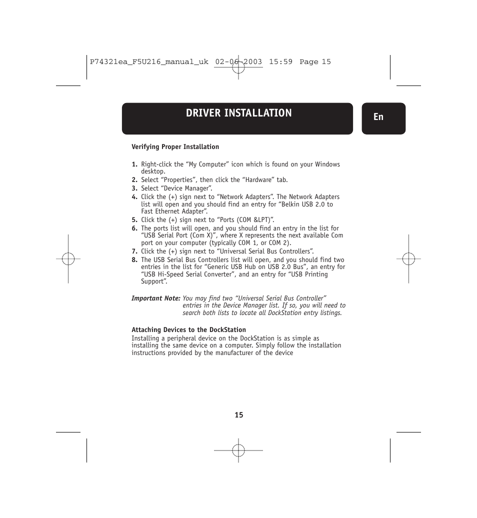 Driver installation | Belkin DockStation F5U216 User Manual | Page 19 / 22