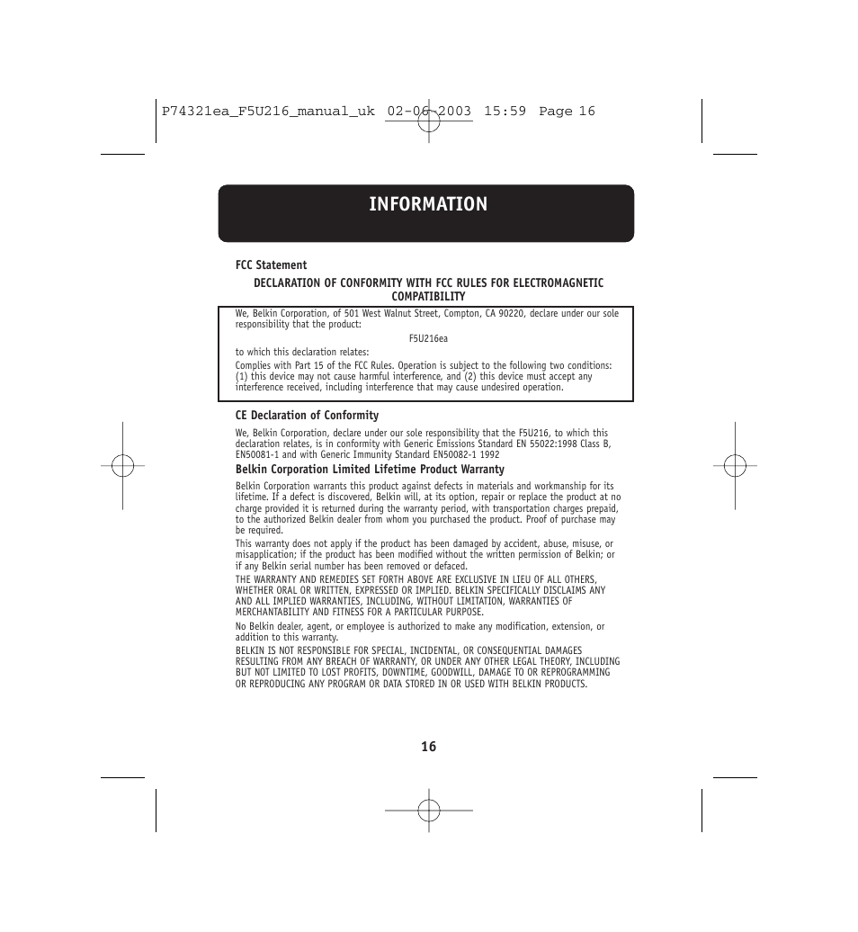 Information | Belkin DockStation F5U216 User Manual | Page 20 / 22