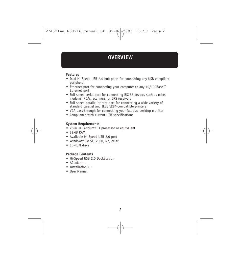 Overview | Belkin DockStation F5U216 User Manual | Page 6 / 22