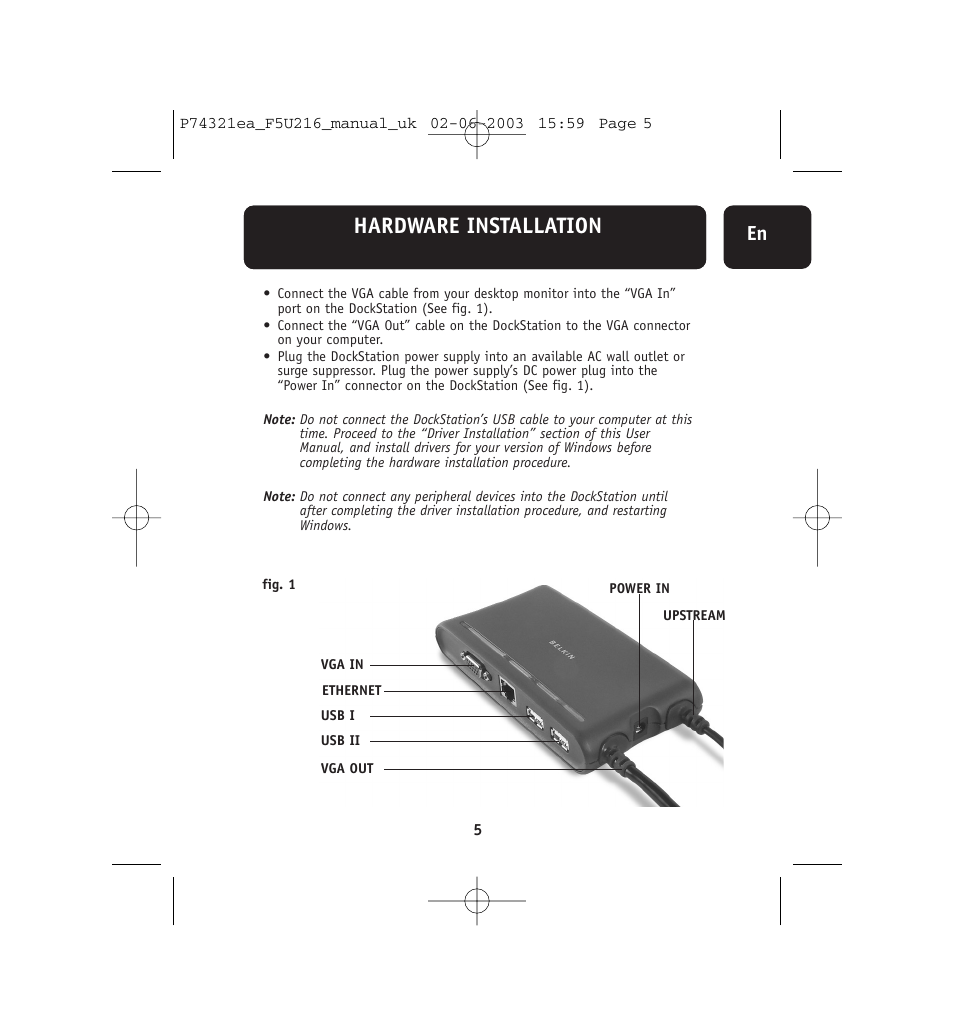 Hardware installation | Belkin DockStation F5U216 User Manual | Page 9 / 22