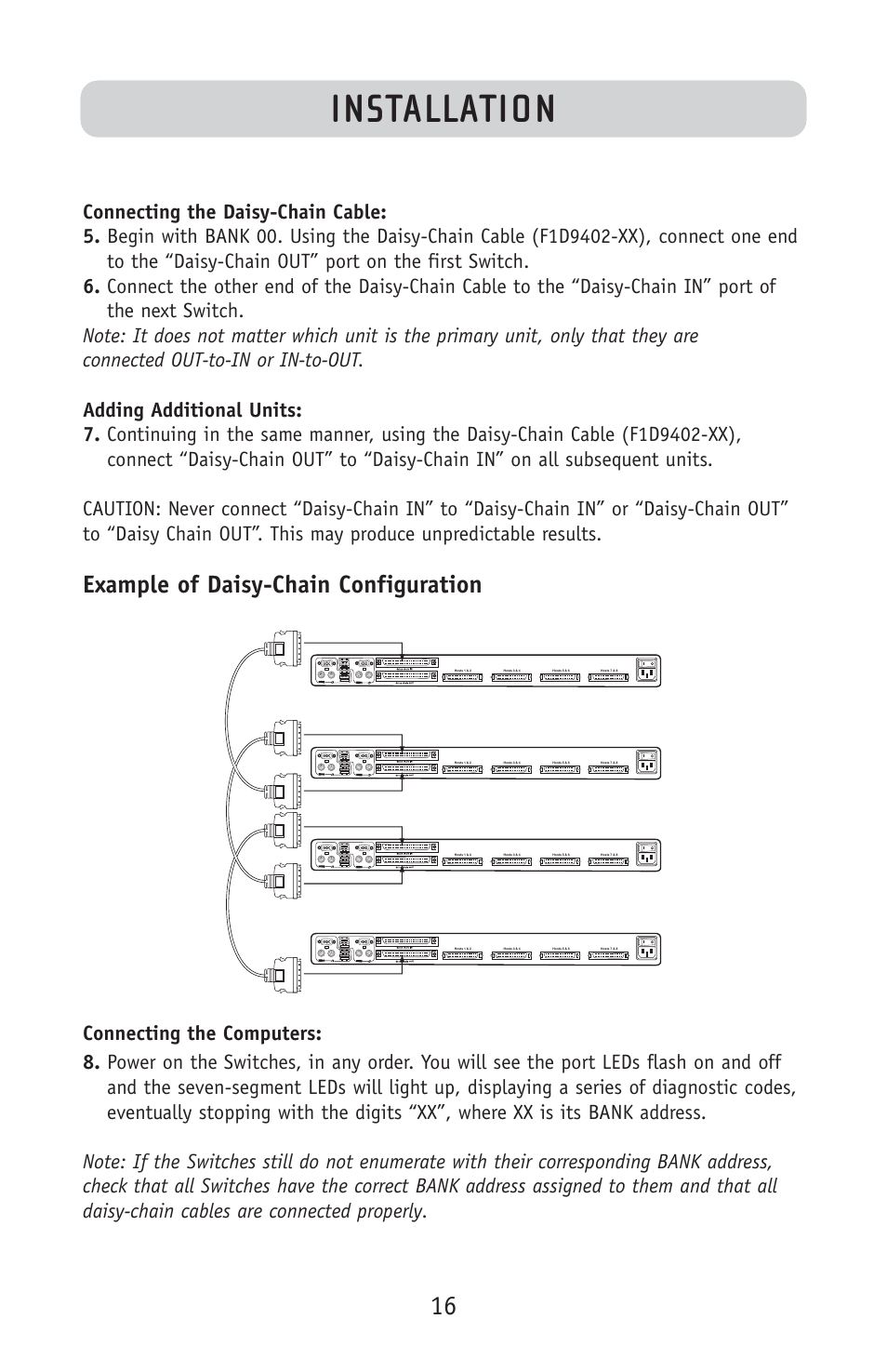 Installation, Example of daisy-chain configuration | Belkin F1DE108C User Manual | Page 18 / 49