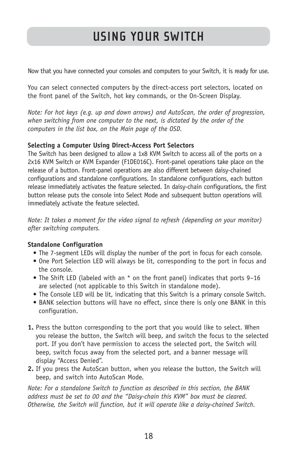 Using your switch | Belkin F1DE108C User Manual | Page 20 / 49