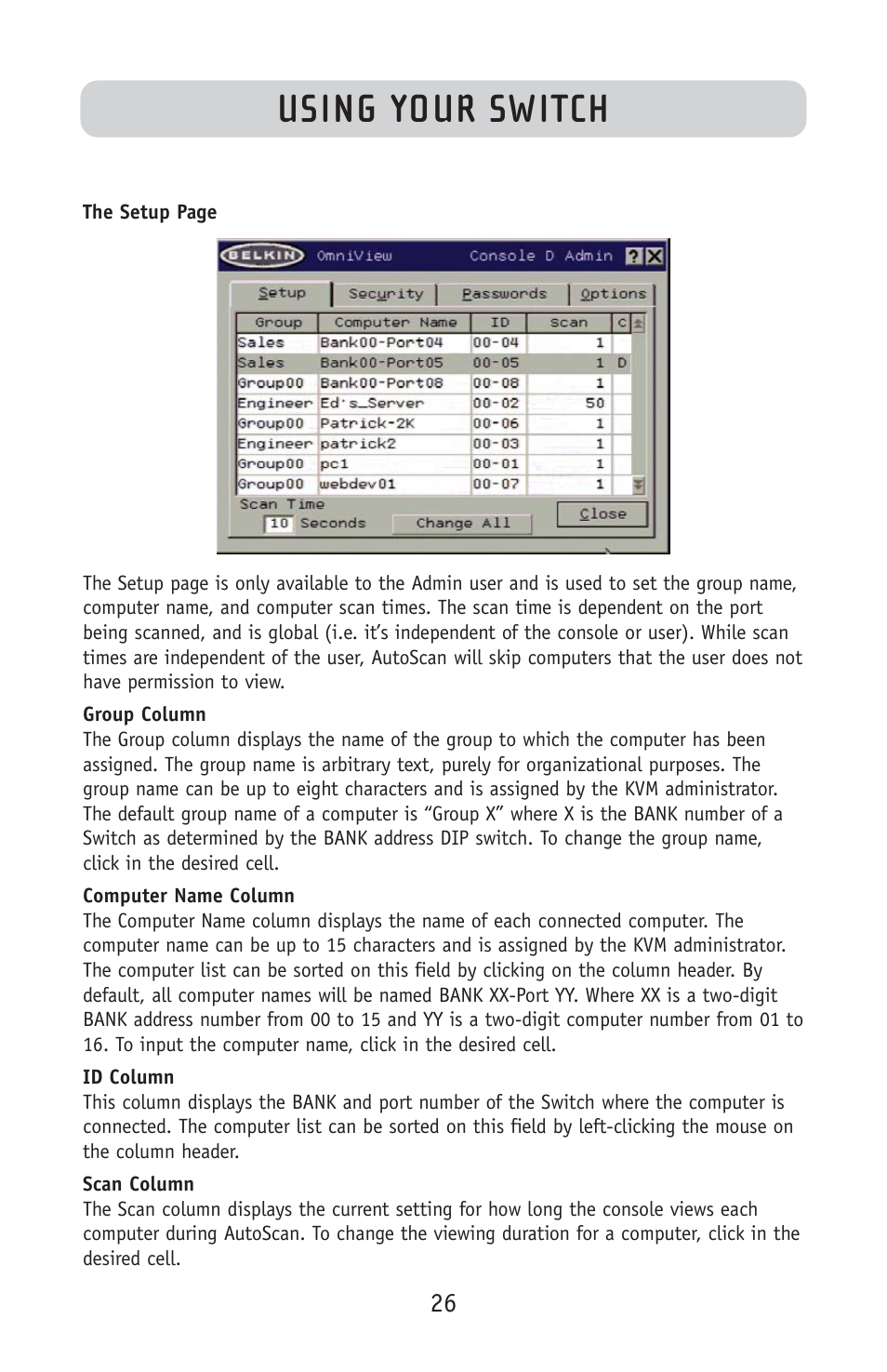 Using your switch | Belkin F1DE108C User Manual | Page 28 / 49