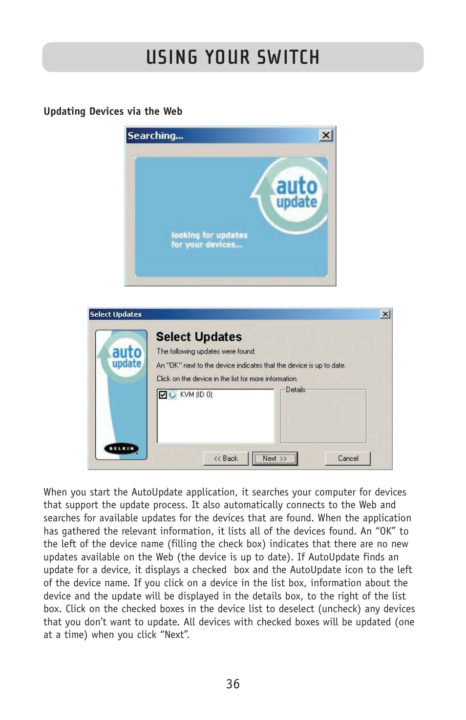 Using your switch | Belkin F1DE108C User Manual | Page 38 / 49