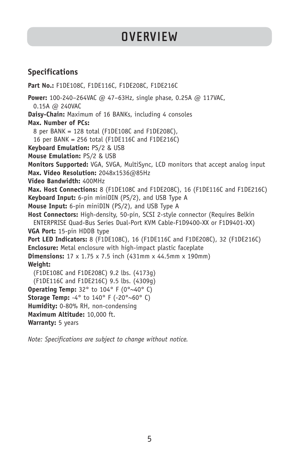 Overview | Belkin F1DE108C User Manual | Page 7 / 49
