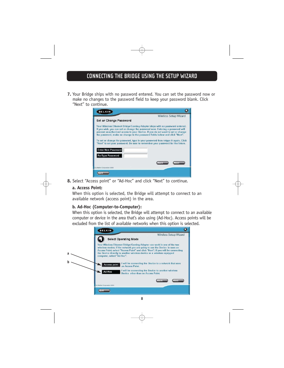 Connecting the bridge using the setup wizard | Belkin 802.11g User Manual | Page 11 / 31