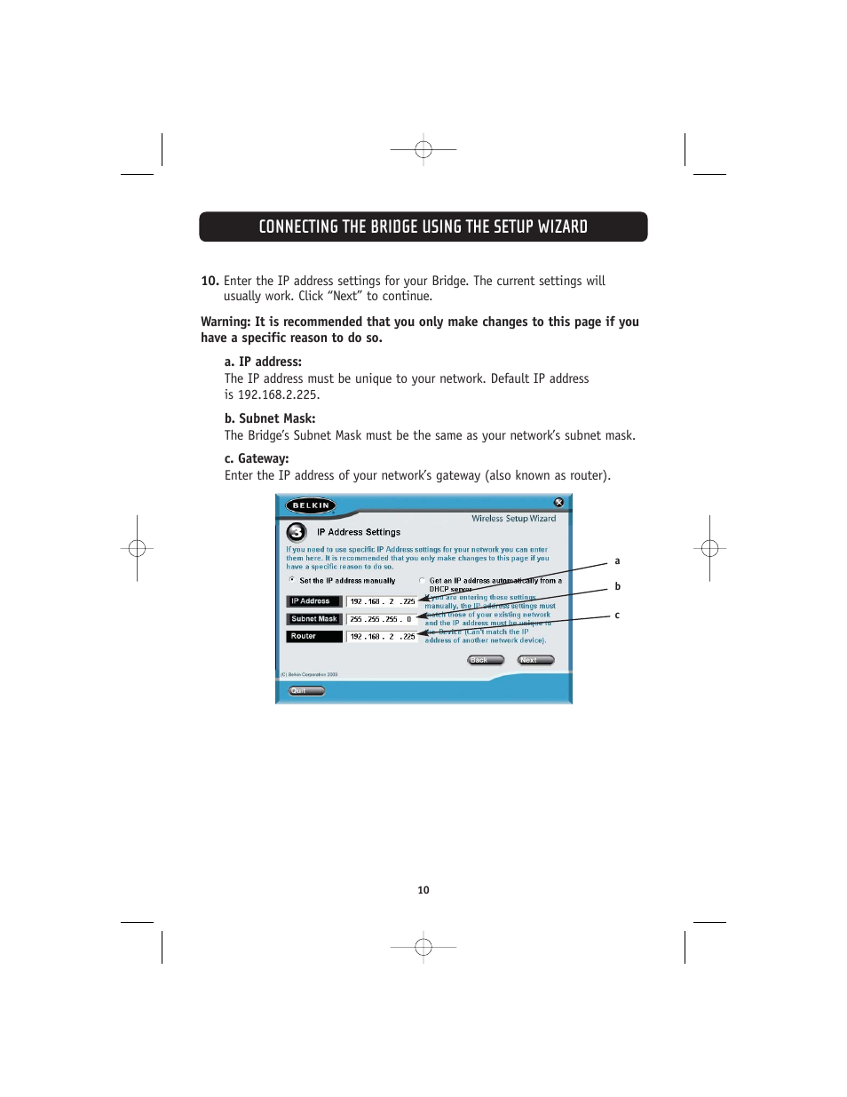 Connecting the bridge using the setup wizard | Belkin 802.11g User Manual | Page 13 / 31