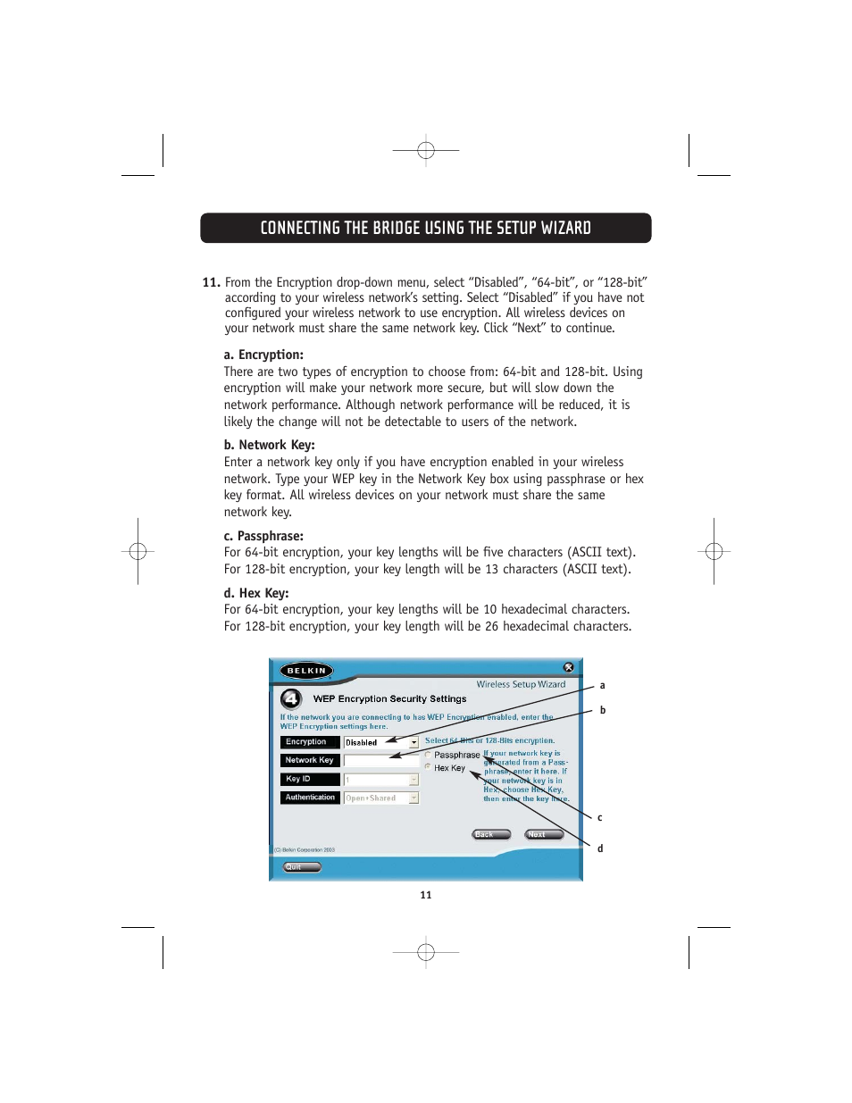 Connecting the bridge using the setup wizard | Belkin 802.11g User Manual | Page 14 / 31