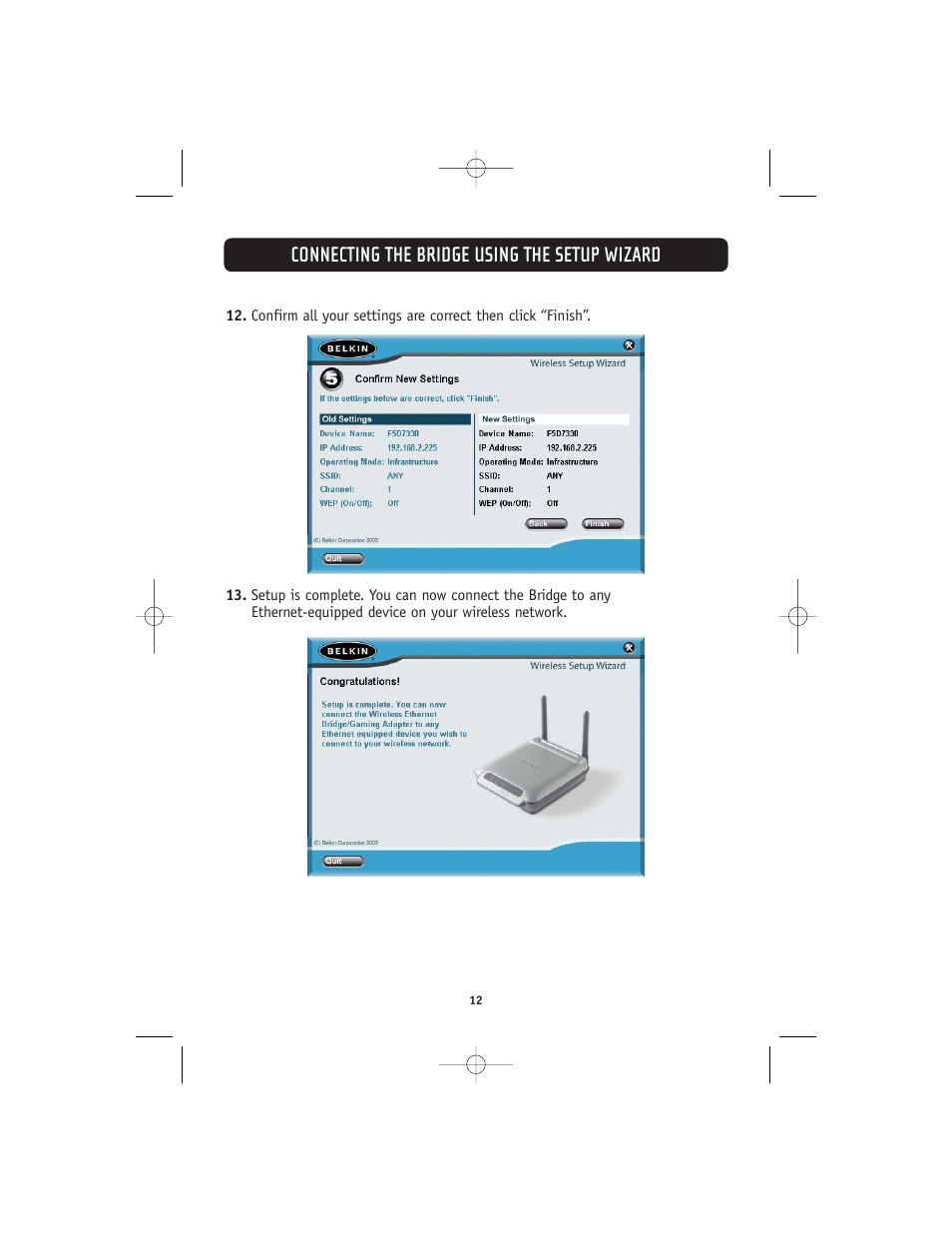 Connecting the bridge using the setup wizard | Belkin 802.11g User Manual | Page 15 / 31