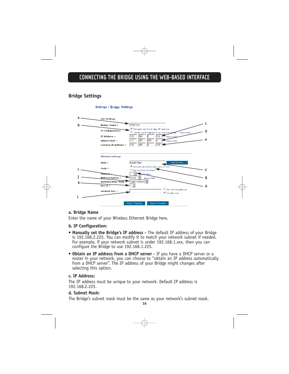 Bridge settings | Belkin 802.11g User Manual | Page 19 / 31