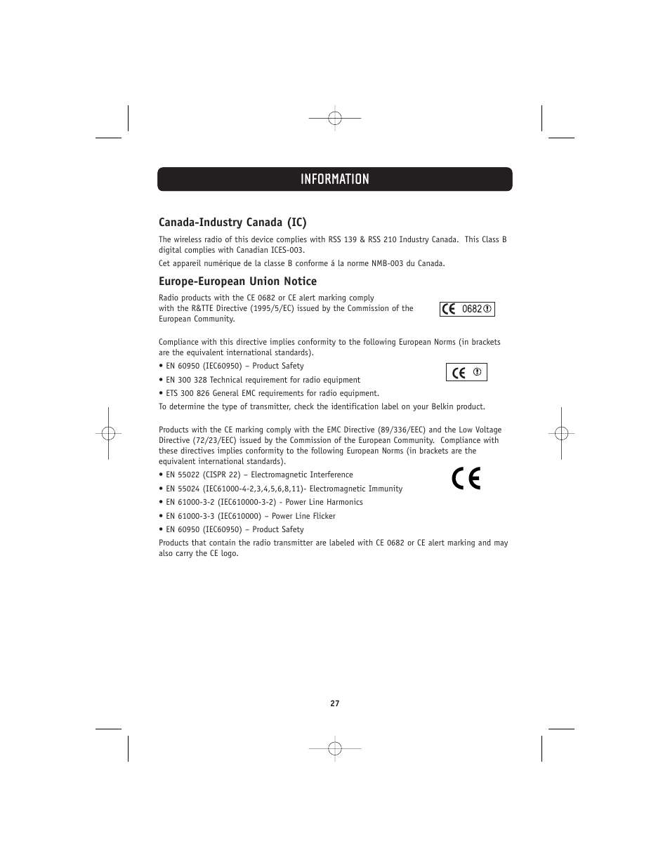 Information, Canada-industry canada (ic), Europe-european union notice | Belkin 802.11g User Manual | Page 30 / 31