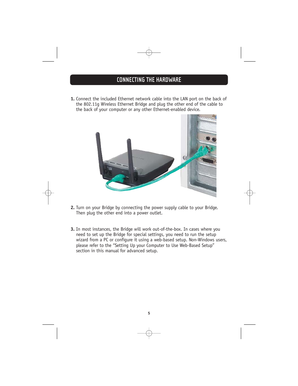 Connecting the hardware | Belkin 802.11g User Manual | Page 8 / 31