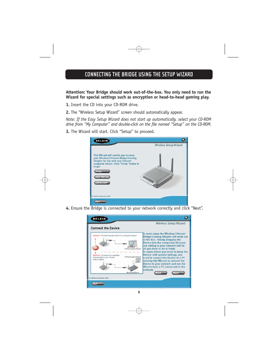 Connecting the bridge using the setup wizard | Belkin 802.11g User Manual | Page 9 / 31