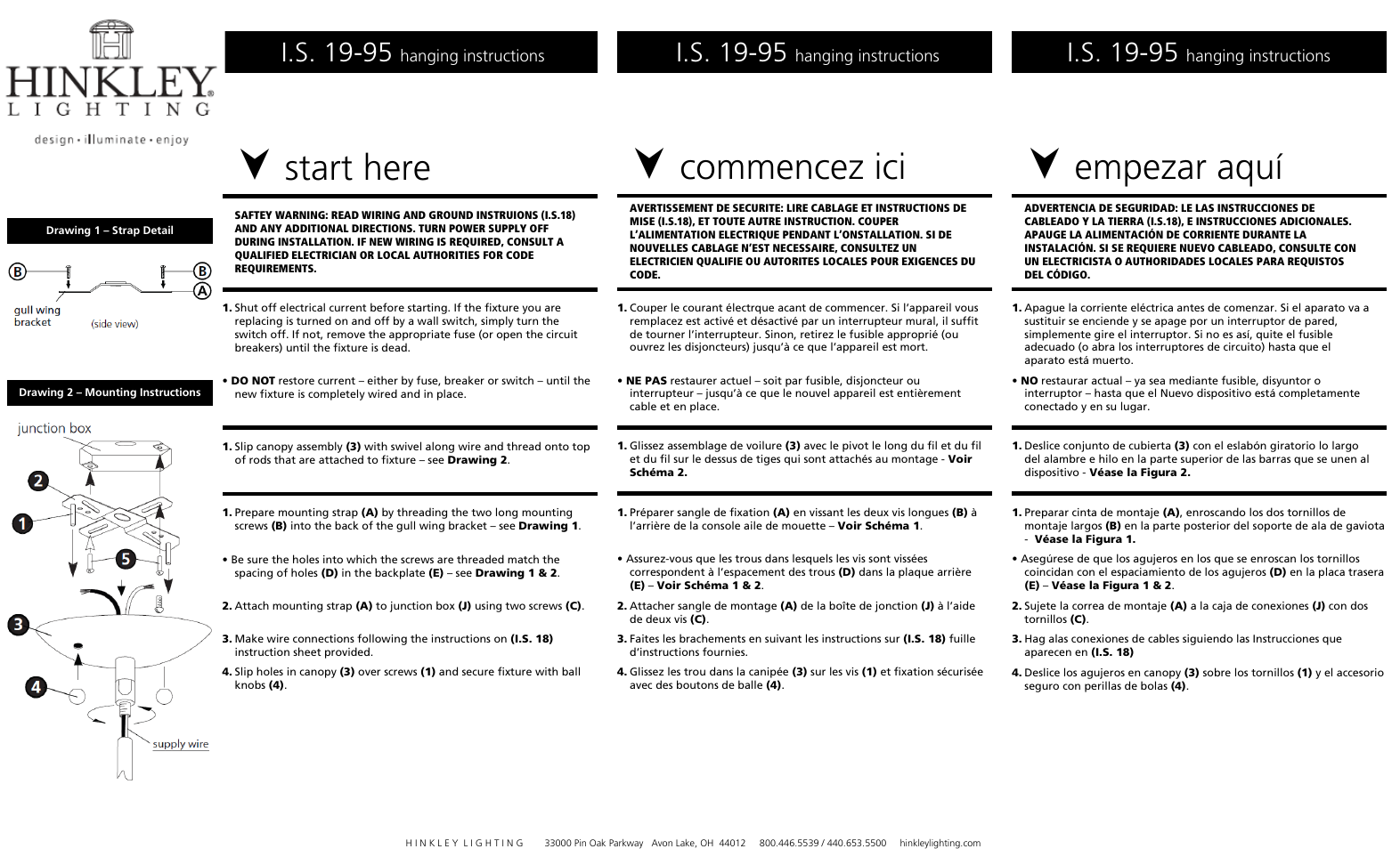 Start here, Commencez ici, Empezar aquí | I.s. 19-95, Hanging instructions | Hinkley Lighting GATSBY 4933PL User Manual | Page 2 / 3