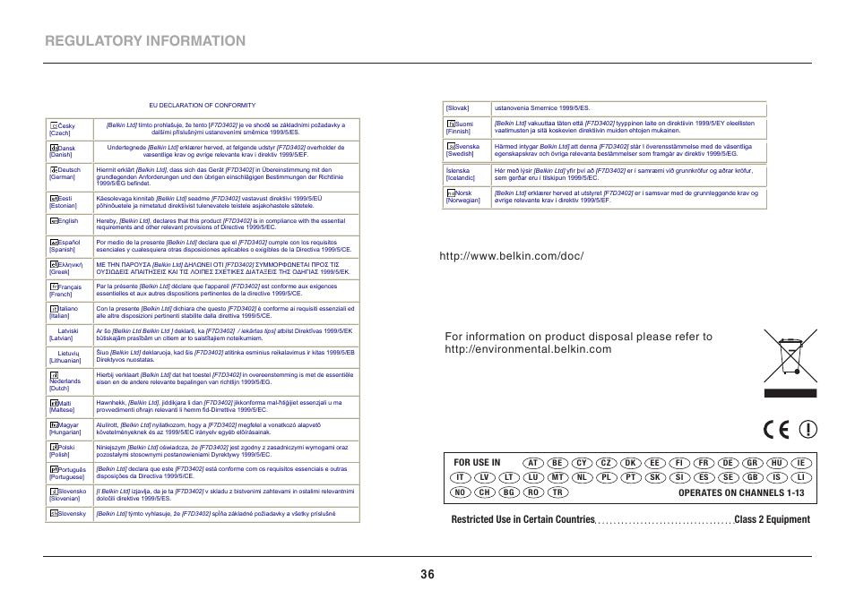 Regulatory information | Belkin SHARE 8820ED00394_F7D3402_V1 User Manual | Page 36 / 37