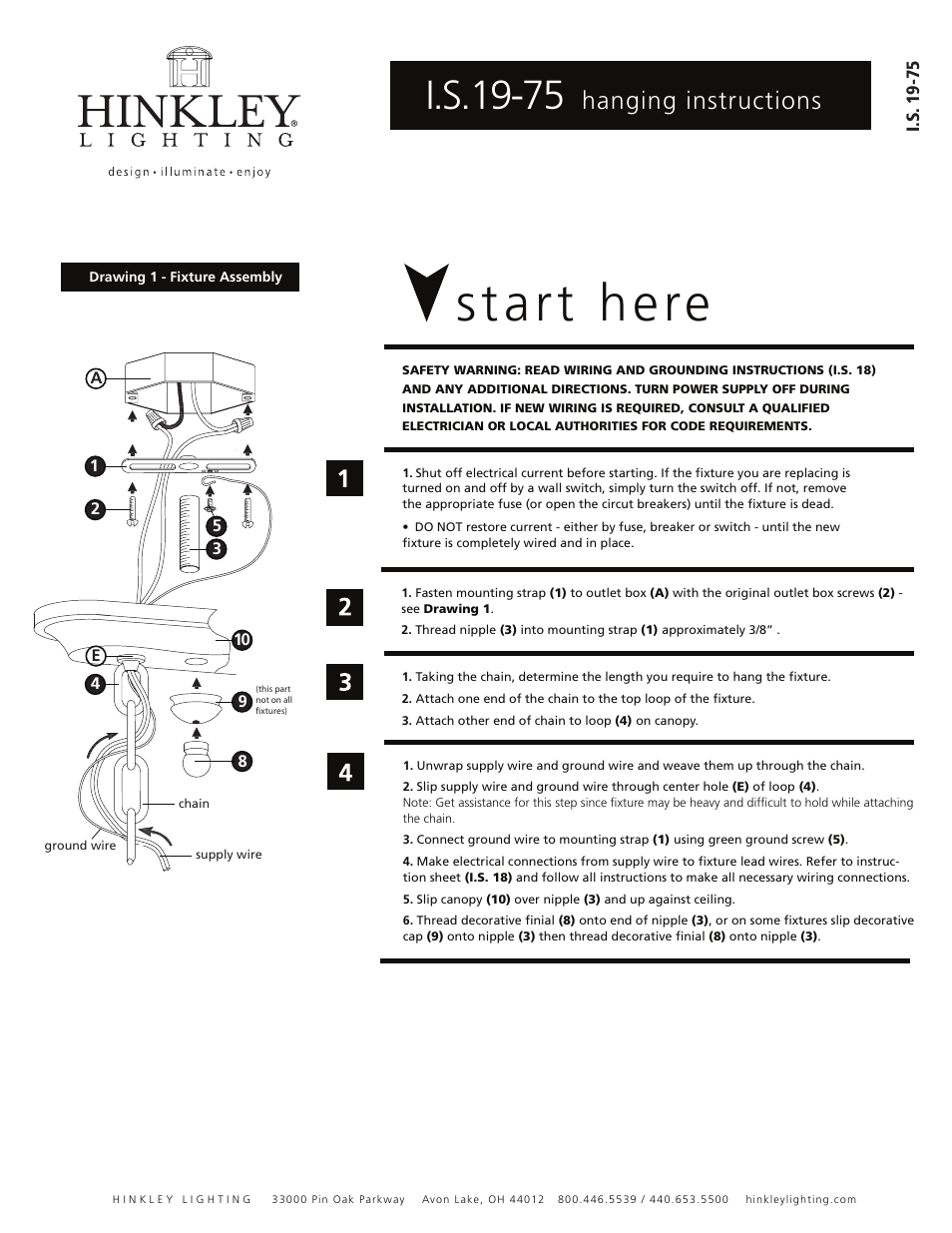 Start here, I.s.19-75, Hanging instructions | Hinkley Lighting CASA 4304OL User Manual | Page 2 / 3