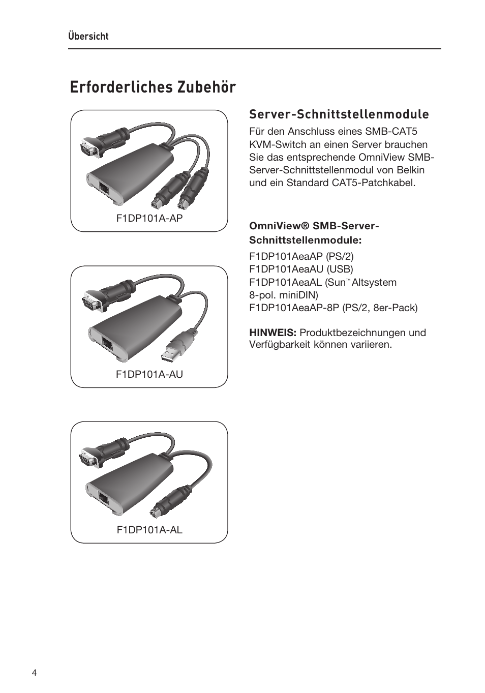 Erforderliches zubehör, Server-schnittstellenmodule | Belkin F1DP108AEA User Manual | Page 109 / 306