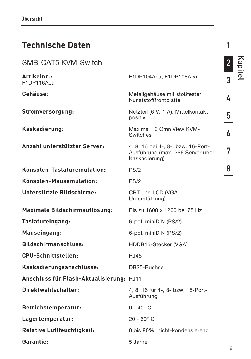 Technische daten, Kapit el, Smb-cat5 kvm-switch | Belkin F1DP108AEA User Manual | Page 114 / 306