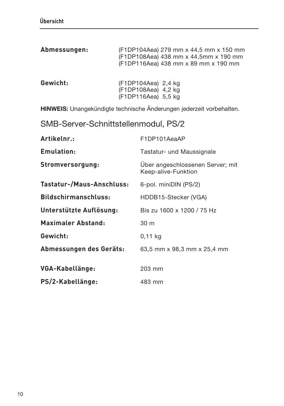 Smb-server-schnittstellenmodul, ps/2 | Belkin F1DP108AEA User Manual | Page 115 / 306
