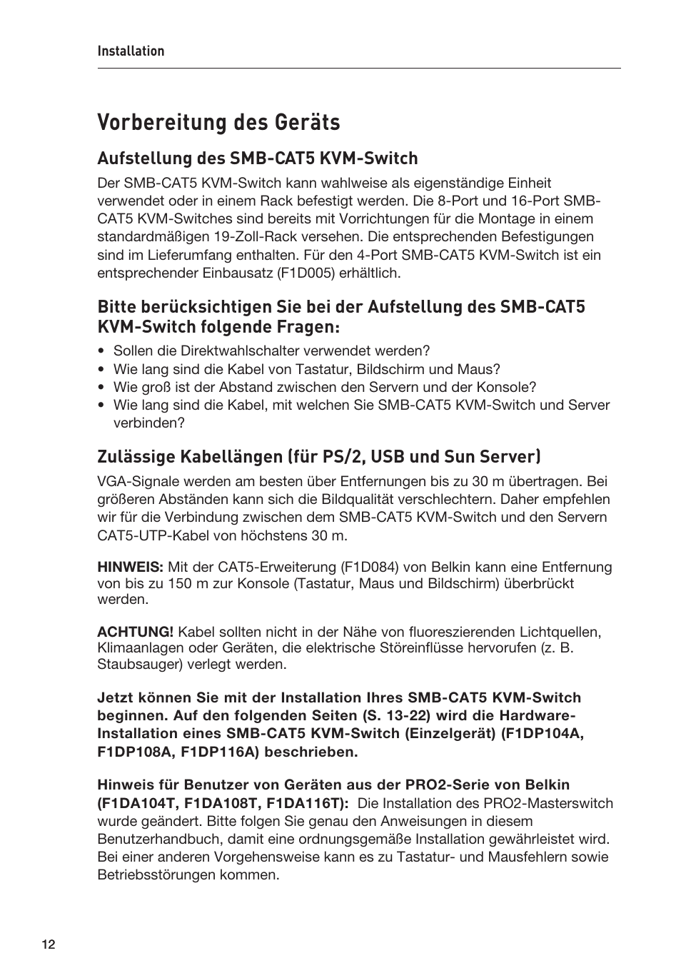 Vorbereitung des geräts, Aufstellung des smb-cat5 kvm-switch | Belkin F1DP108AEA User Manual | Page 117 / 306