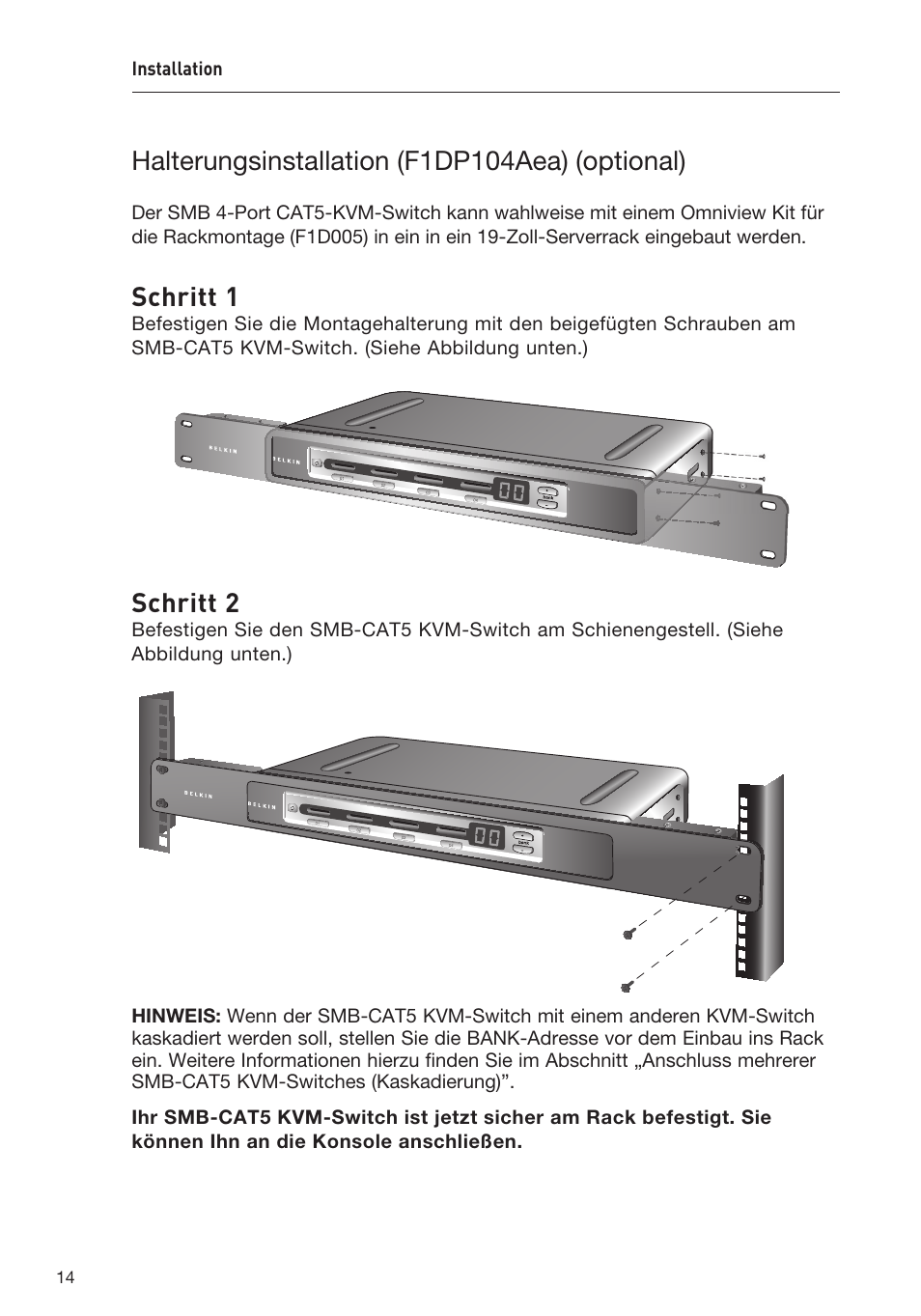 Halterungsinstallation (f1dp104aea) (optional), Schritt 1, Schritt 2 | Belkin F1DP108AEA User Manual | Page 119 / 306