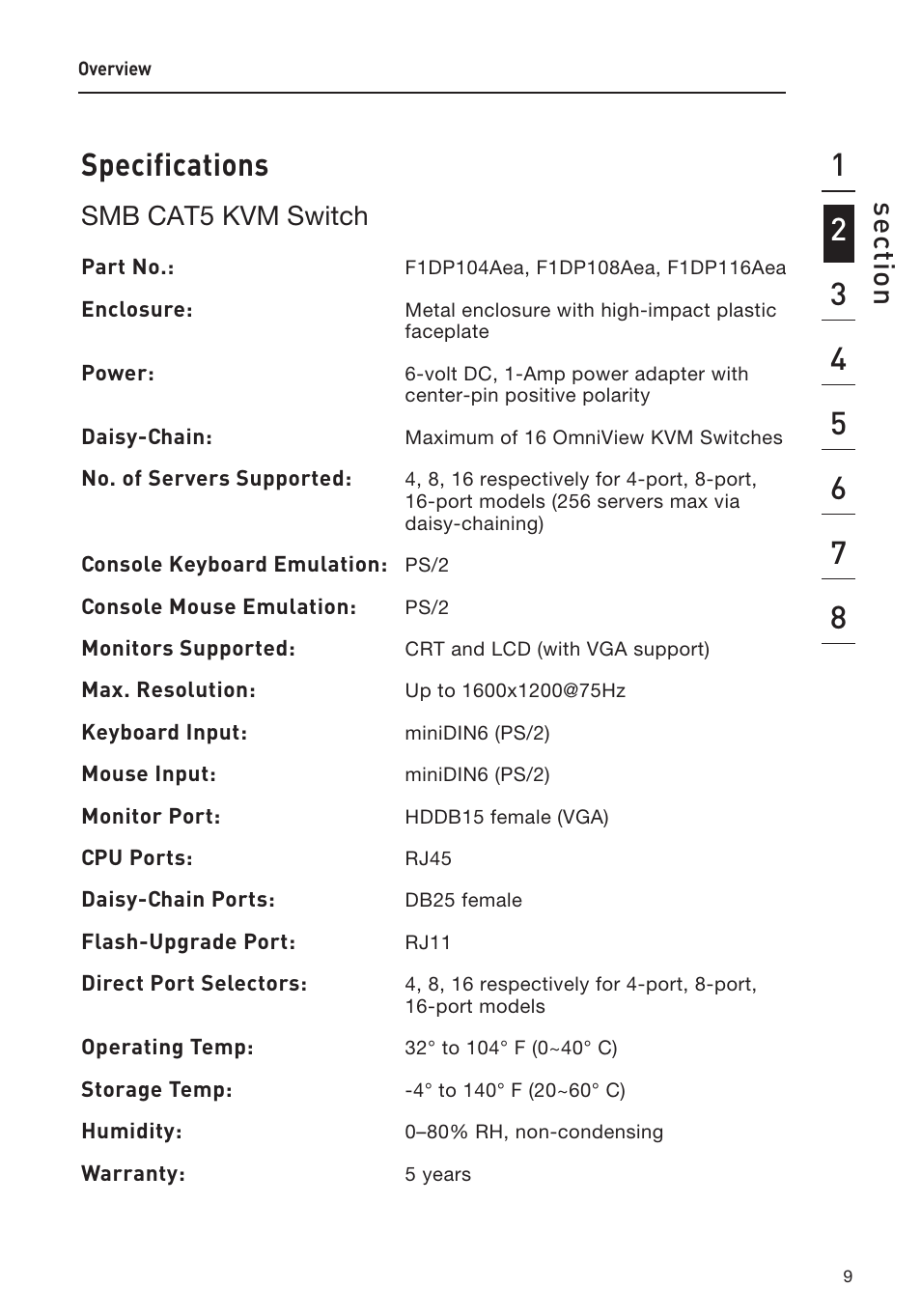 Specifications, Se ct io n, Smb cat5 kvm switch | Belkin F1DP108AEA User Manual | Page 12 / 306