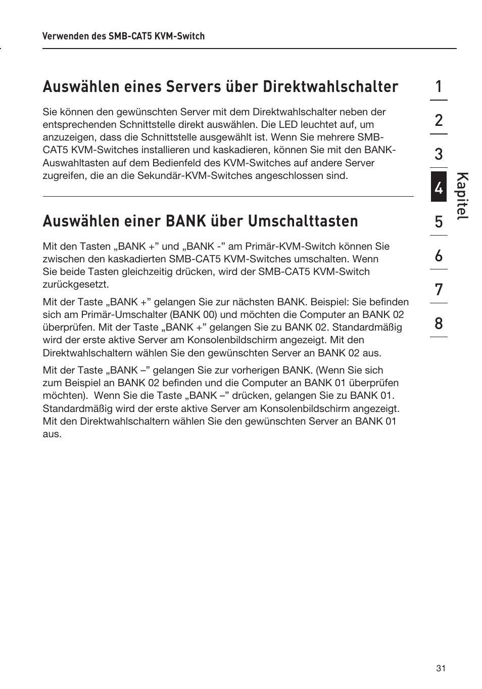 Auswählen eines servers über direktwahlschalter, Auswählen einer bank über umschalttasten | Belkin F1DP108AEA User Manual | Page 136 / 306