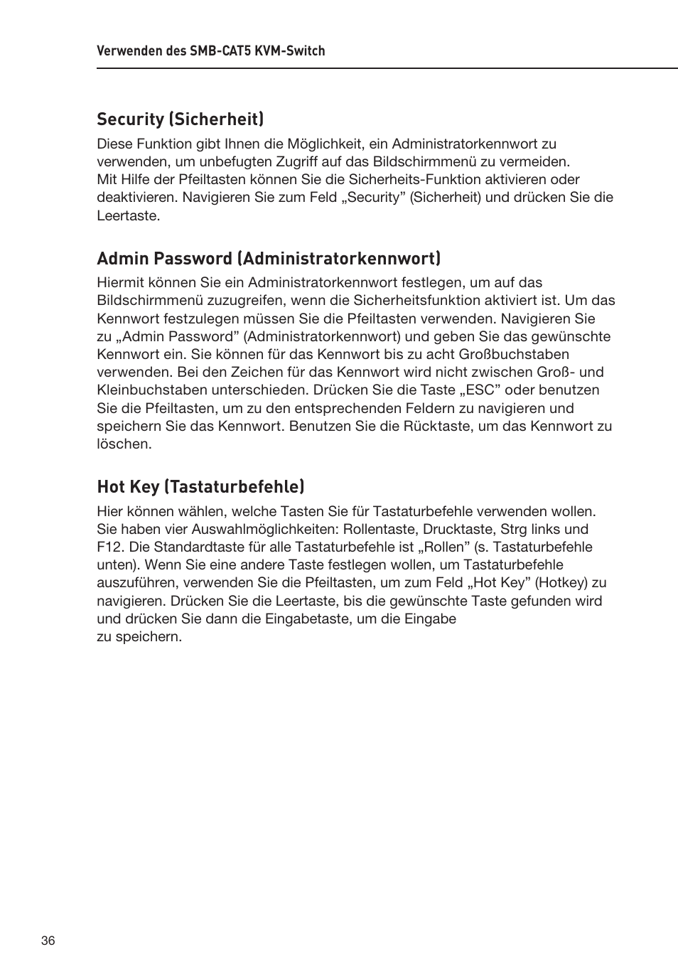 Security (sicherheit), Admin password (administratorkennwort), Hot key (tastaturbefehle) | Belkin F1DP108AEA User Manual | Page 141 / 306