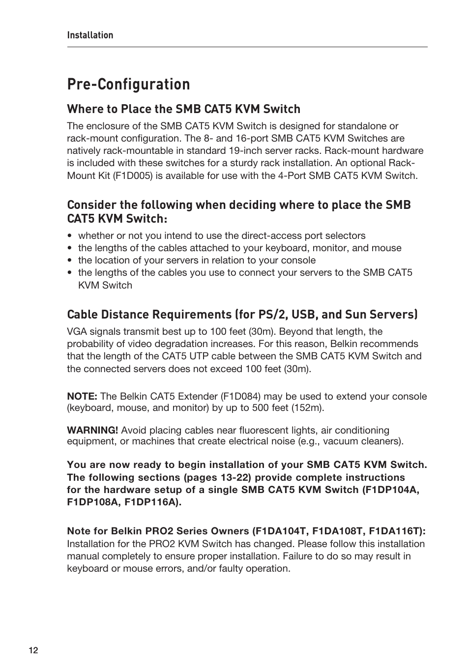 Pre-configuration, Where to place the smb cat5 kvm switch | Belkin F1DP108AEA User Manual | Page 15 / 306